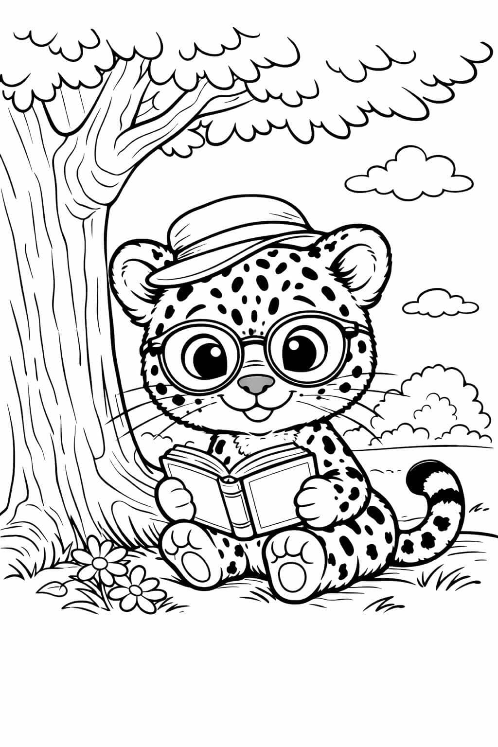 Leopard liest Buch Ausmalbild