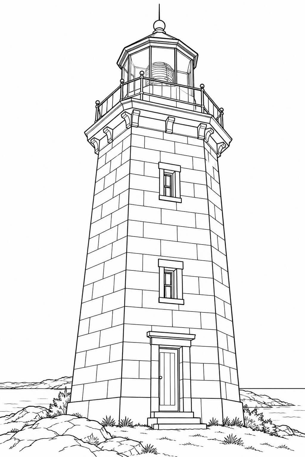 Realistischer Leuchtturm aus Backstein – Malvorlage in Schwarz-Weiß