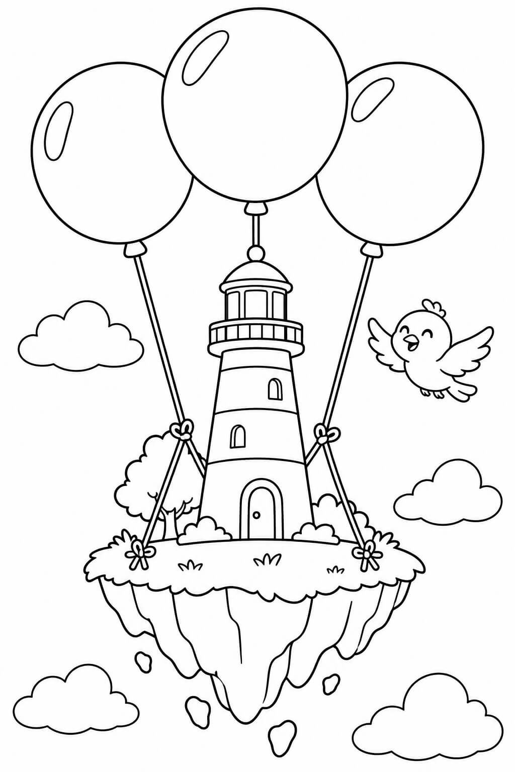Ein Leuchtturm fliegt mit Luftballons – einfache Malvorlage für Kinder