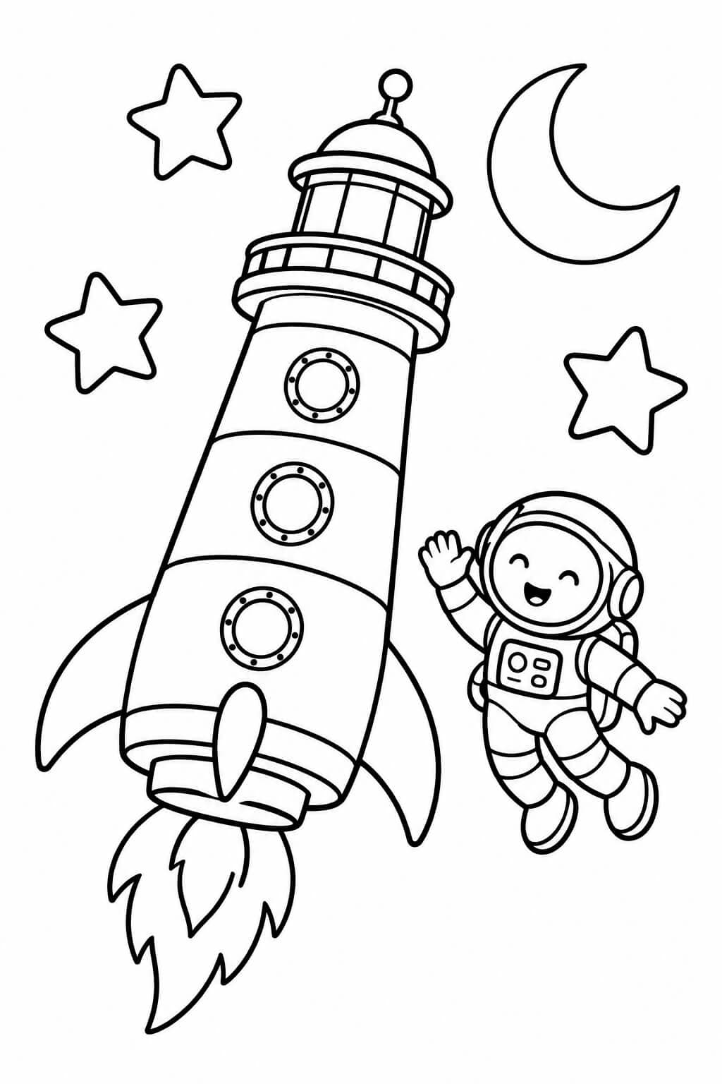 Ein Leuchtturm als Weltraumrakete – einfache Malvorlage für Kinder