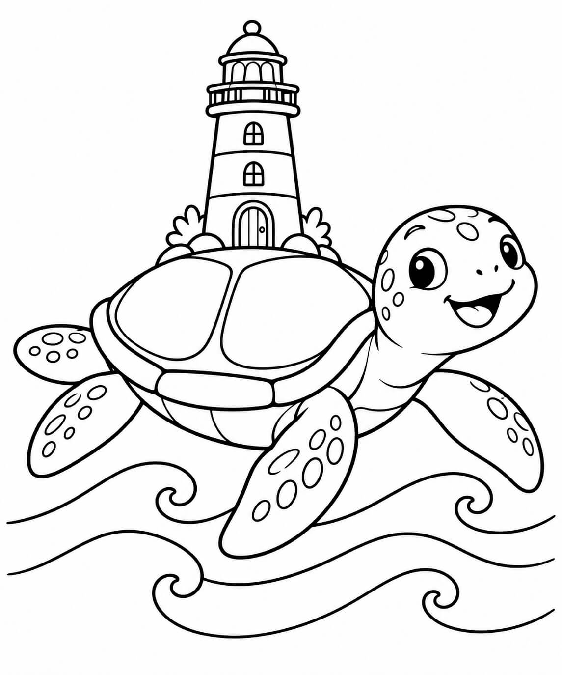Ein Leuchtturm reist auf einer Schildkröte – einfache Malvorlage für Kinder