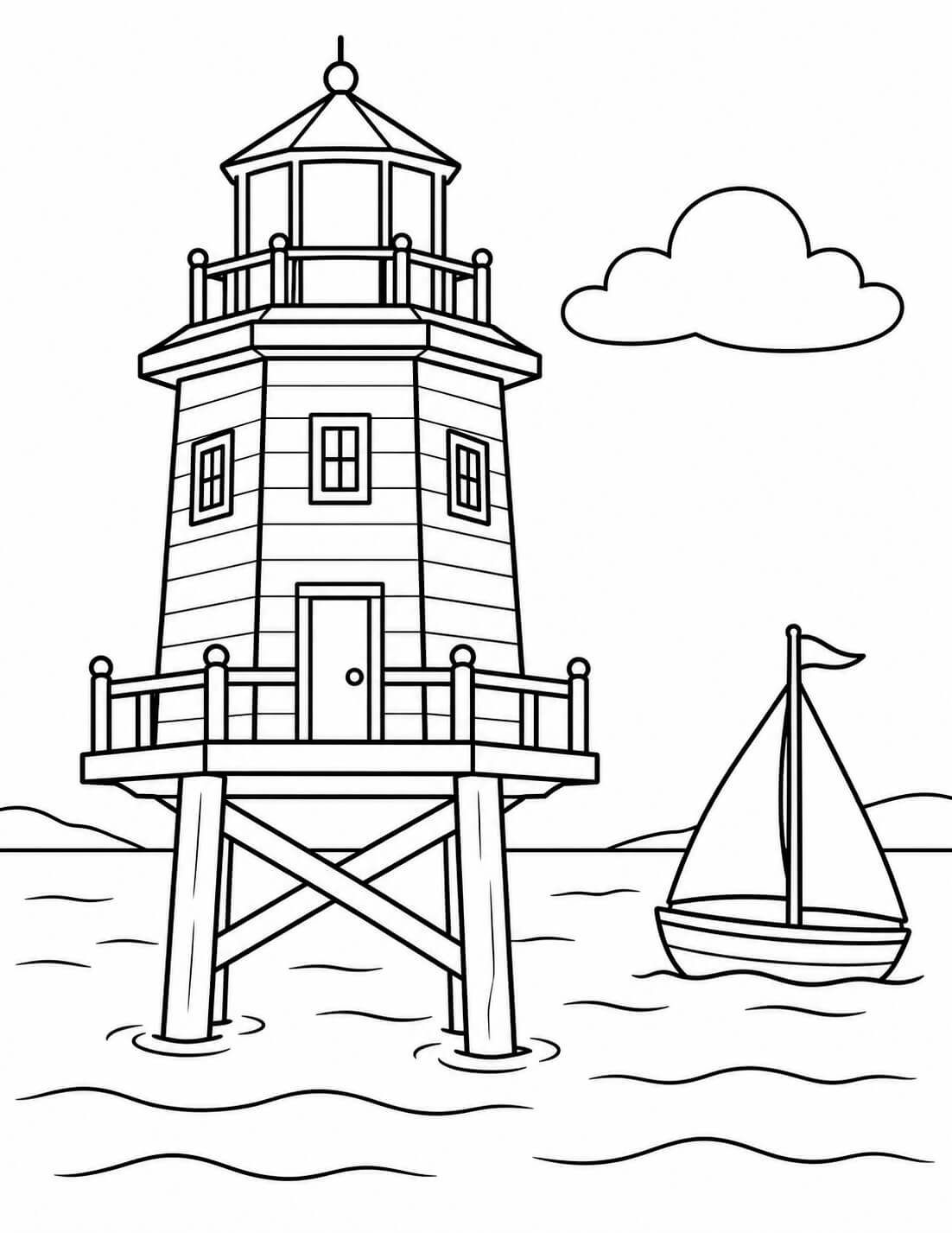 Leuchtturm auf Stelzen mit Segelboot – einfache Malvorlage für Kinder