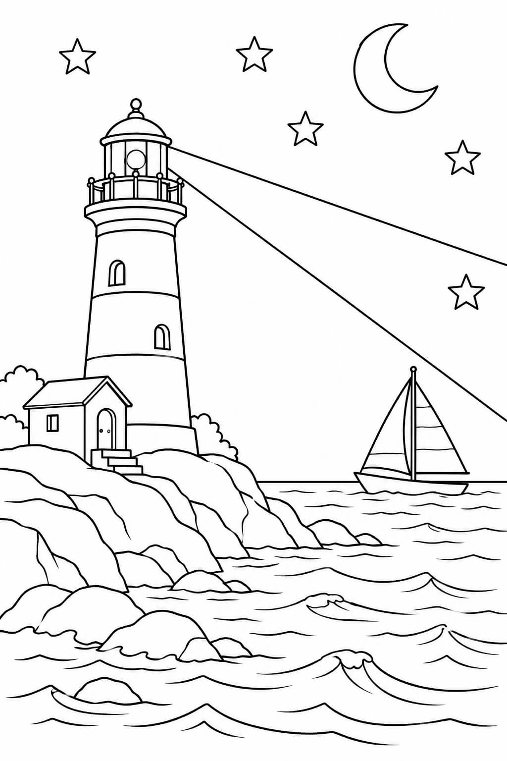 Leuchtturm mit Lichtstrahlen bei Nacht – Malvorlage in Schwarz-Weiß