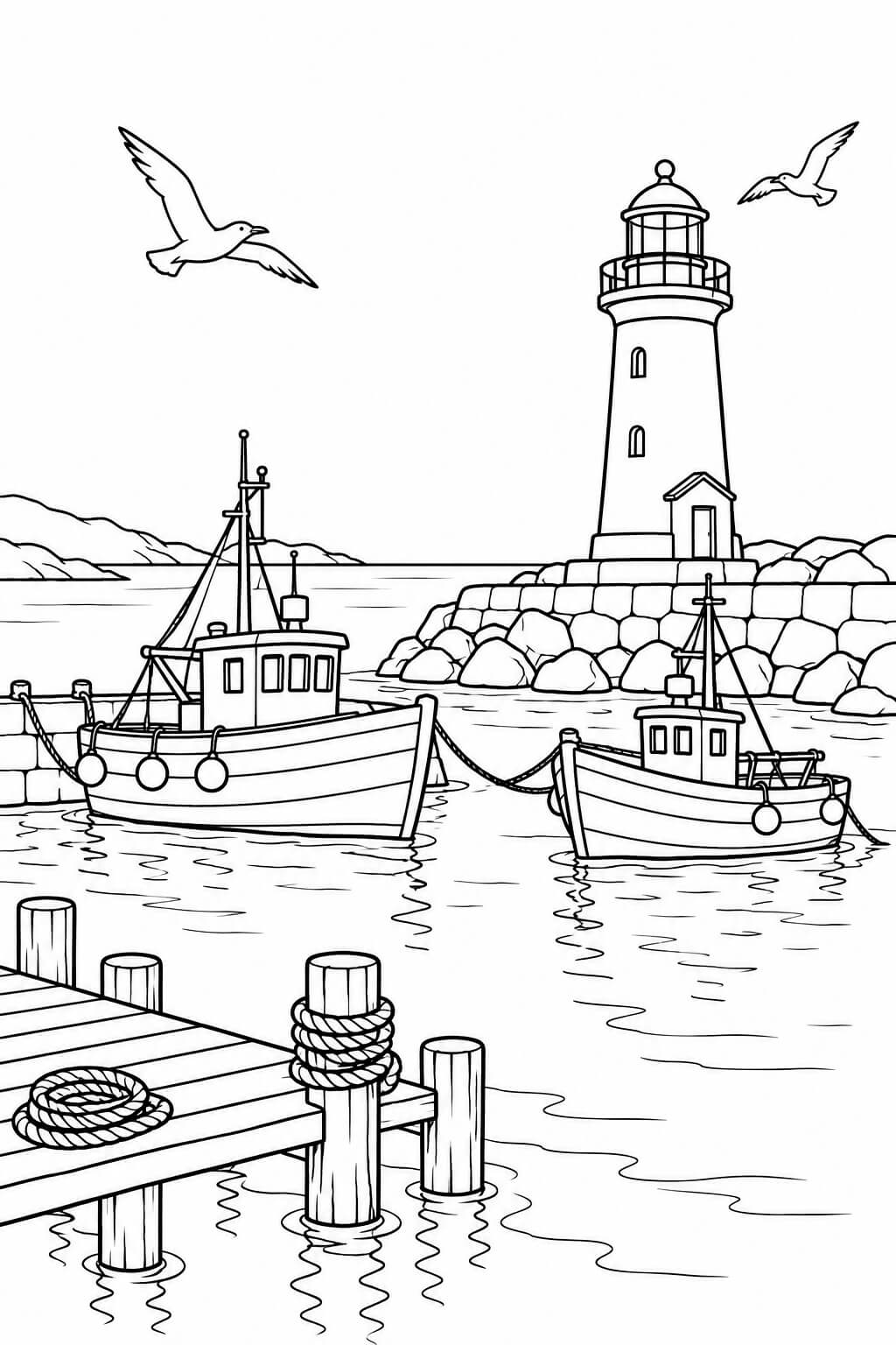Leuchtturm an der Hafeneinfahrt – Malvorlage in Schwarz-Weiß
