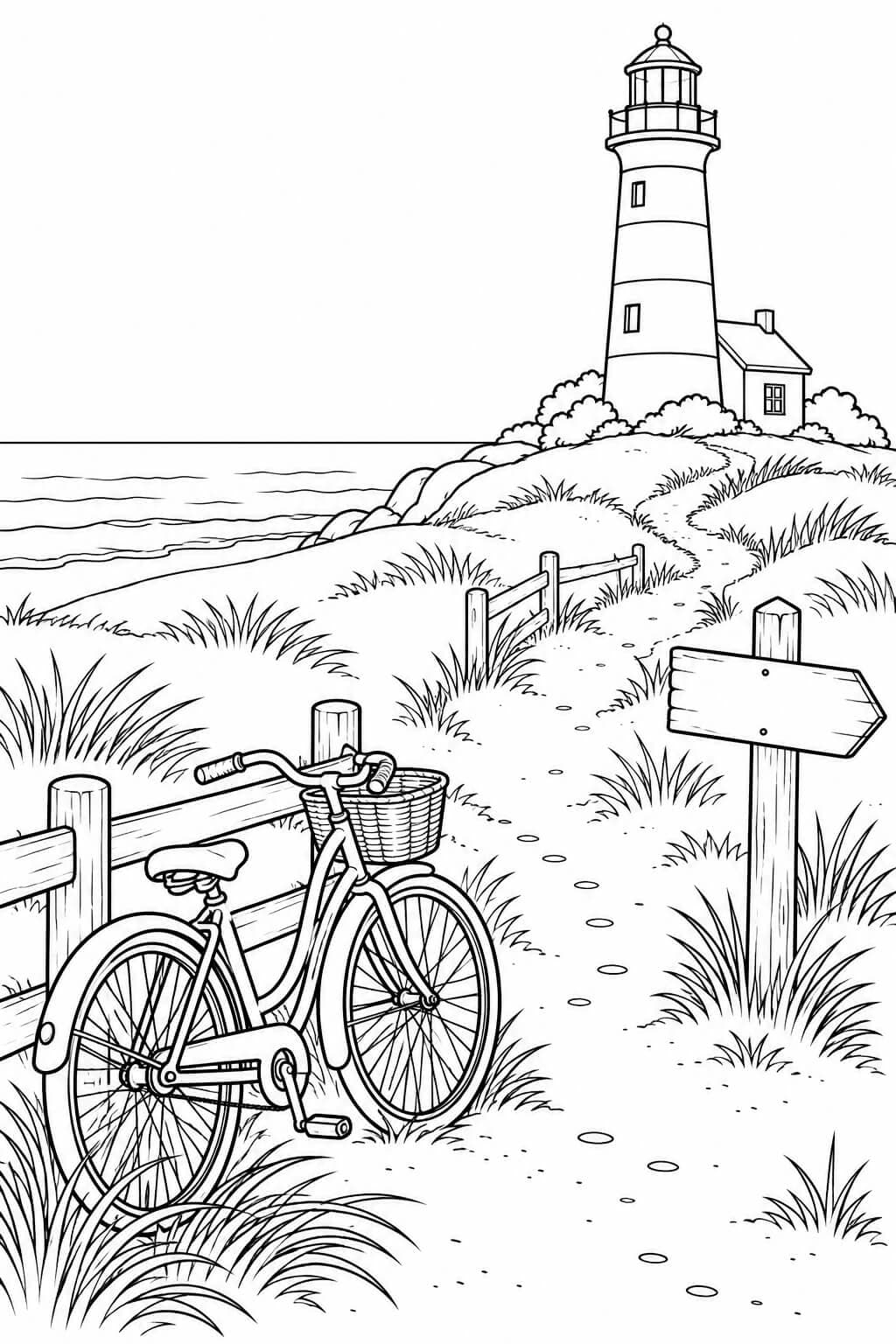Mit dem Fahrrad zum Leuchtturm – Malvorlage in Schwarz-Weiß