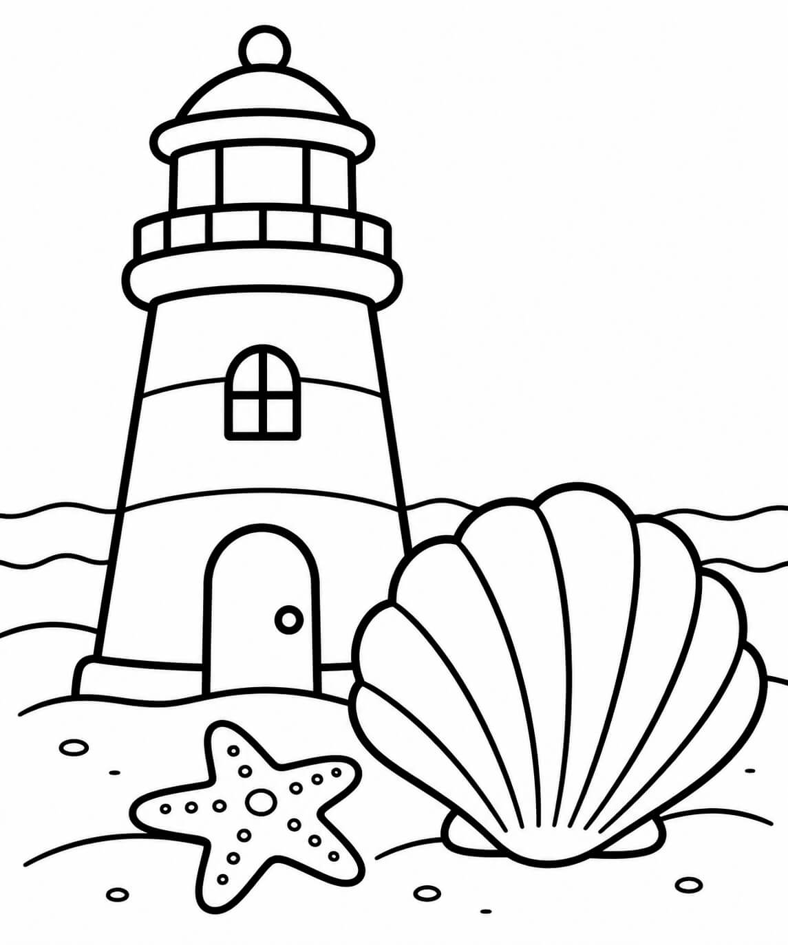 Kleiner Leuchtturm mit Muschel und Seestern – einfache Malvorlage für Kinder