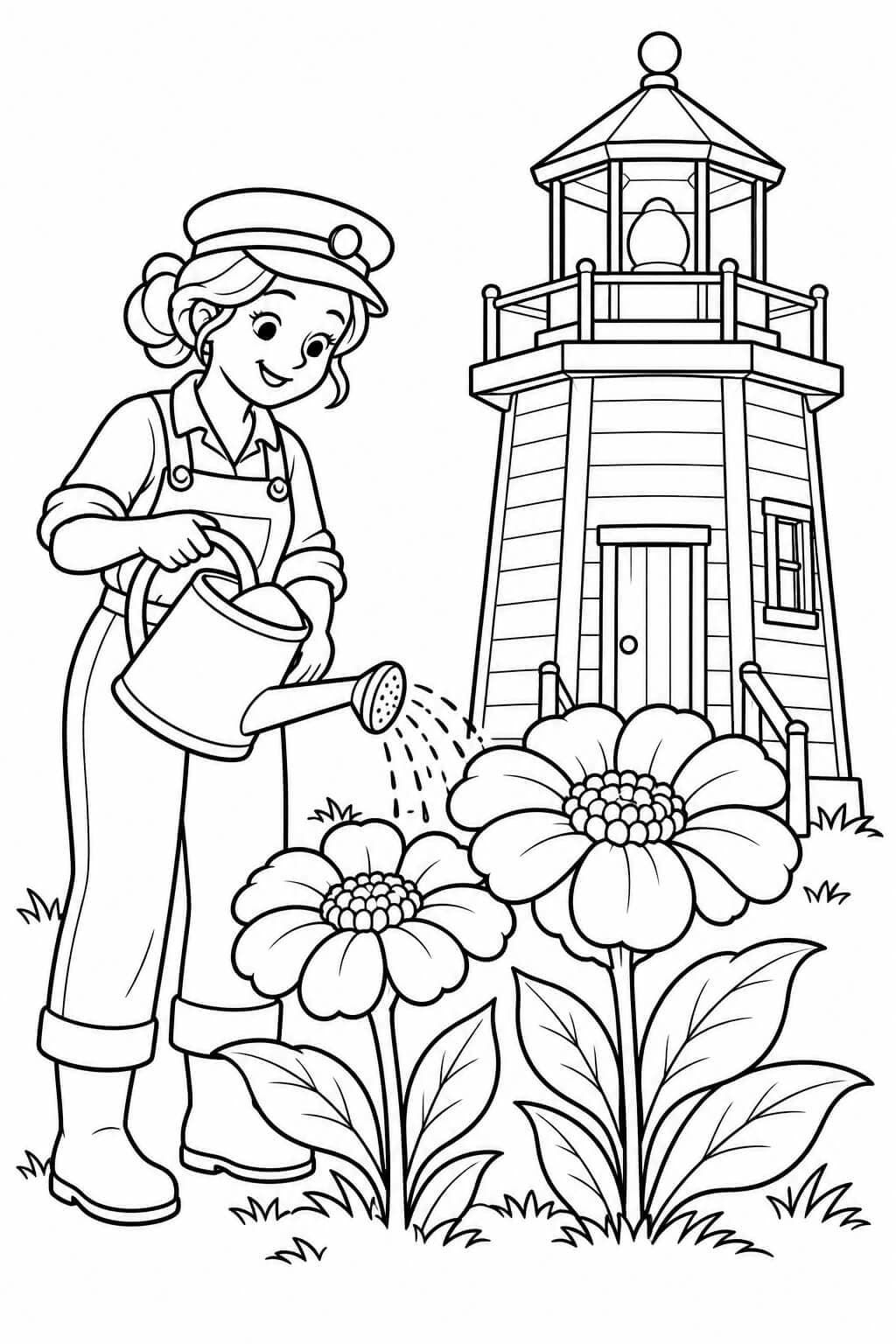 Die Leuchtturmwärterin gießt Blumen – einfache Malvorlage für Kinder