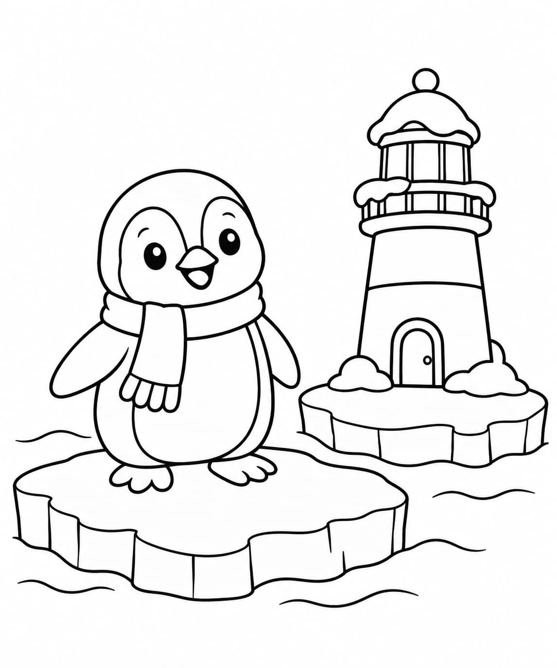 Pinguin am verschneiten Leuchtturm – einfache Malvorlage für Kinder