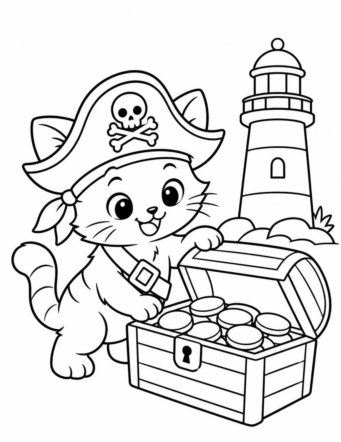 Ein Piratenkätzchen entdeckt den Leuchtturm – einfache Malvorlage für Kinder