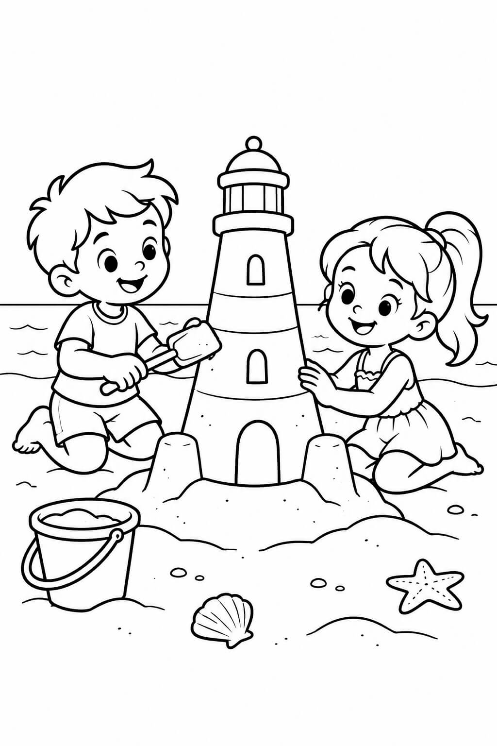 Kinder bauen einen Leuchtturm aus Sand – einfache Malvorlage für Kinder