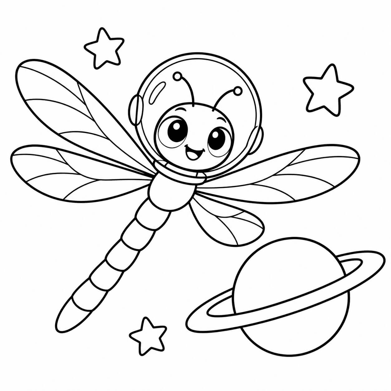 Libelle als Astronaut – Ausmalbild in Schwarz-Weiß