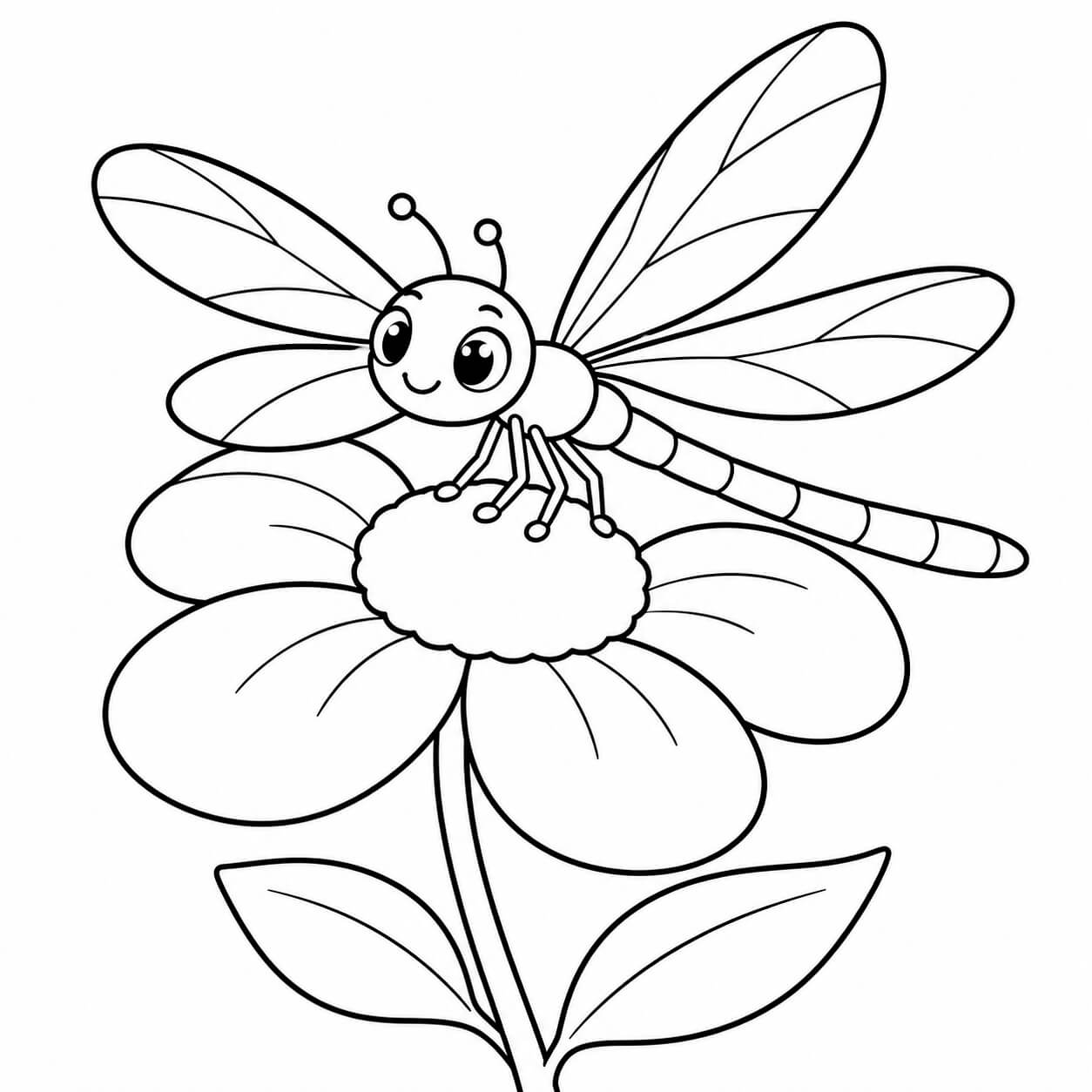 Libelle auf einer Blume – Ausmalbild in Schwarz-Weiß