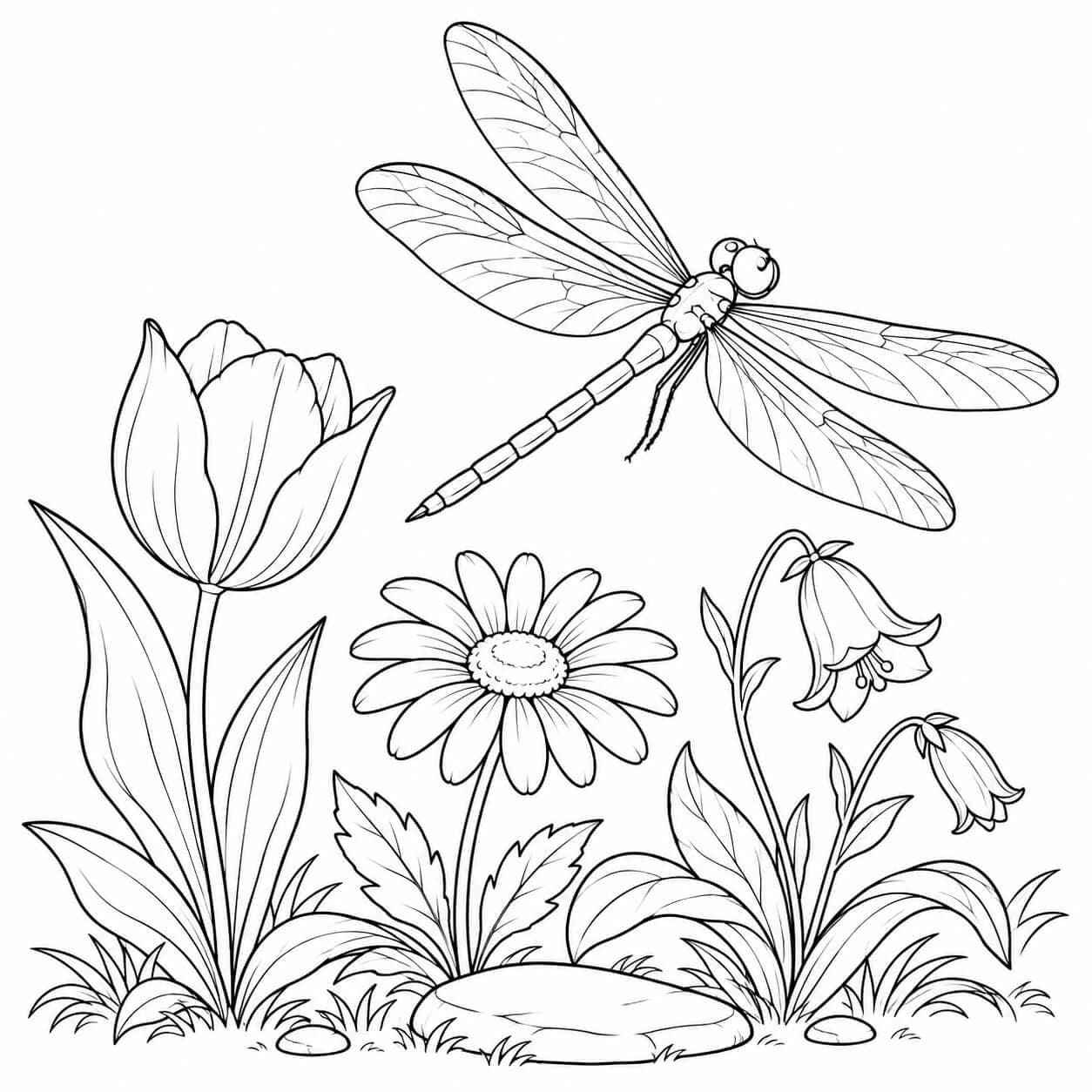 Libelle im Blumengarten – Ausmalbild in Schwarz-Weiß