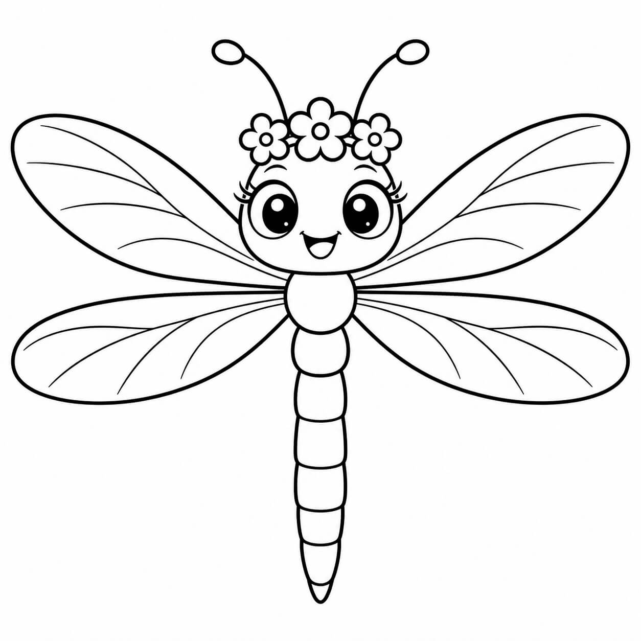 Libelle mit Blumenkrone – Ausmalbild in Schwarz-Weiß