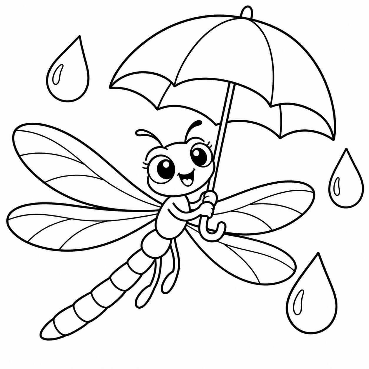 Libelle mit Regenschirm – Ausmalbild in Schwarz-Weiß