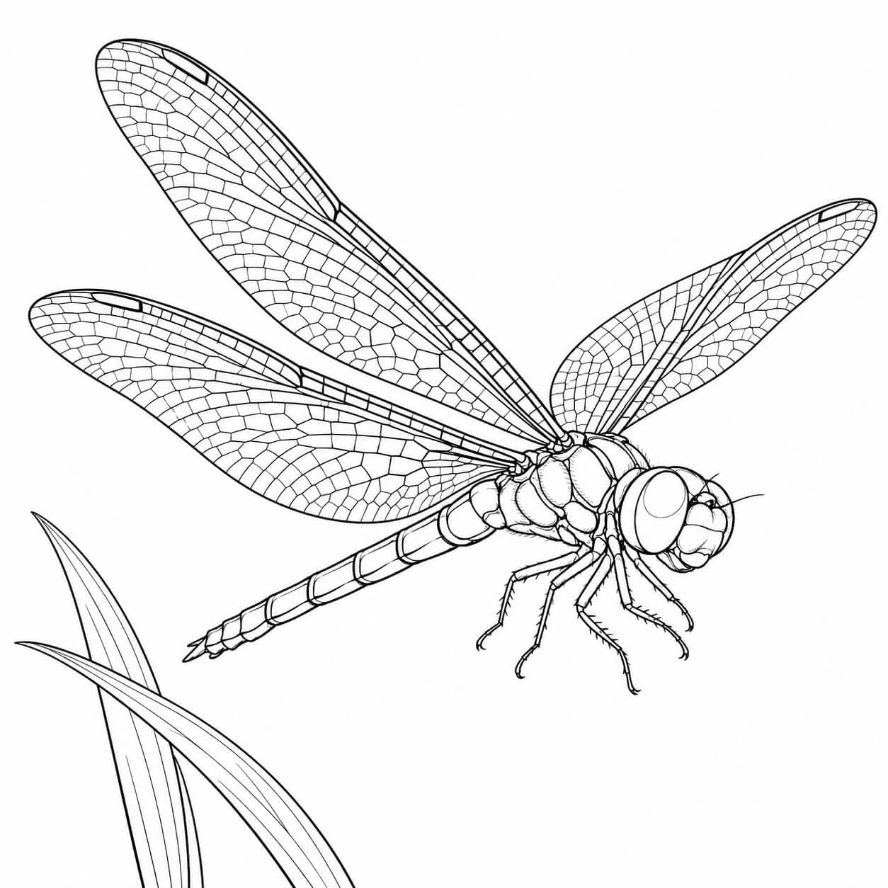Realistische Libelle im Flug – Ausmalbild in Schwarz-Weiß