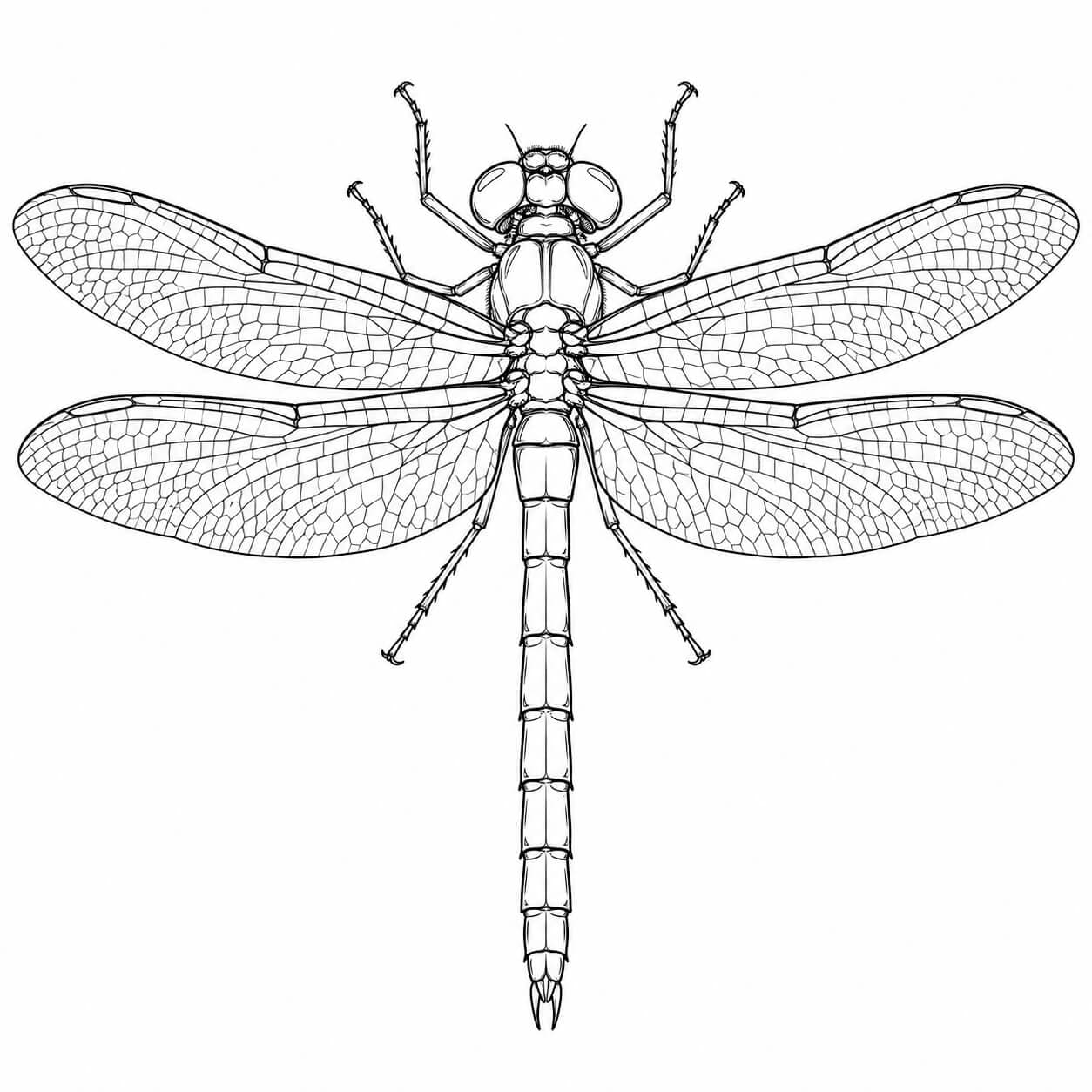 Realistische Libelle von oben – Ausmalbild in Schwarz-Weiß