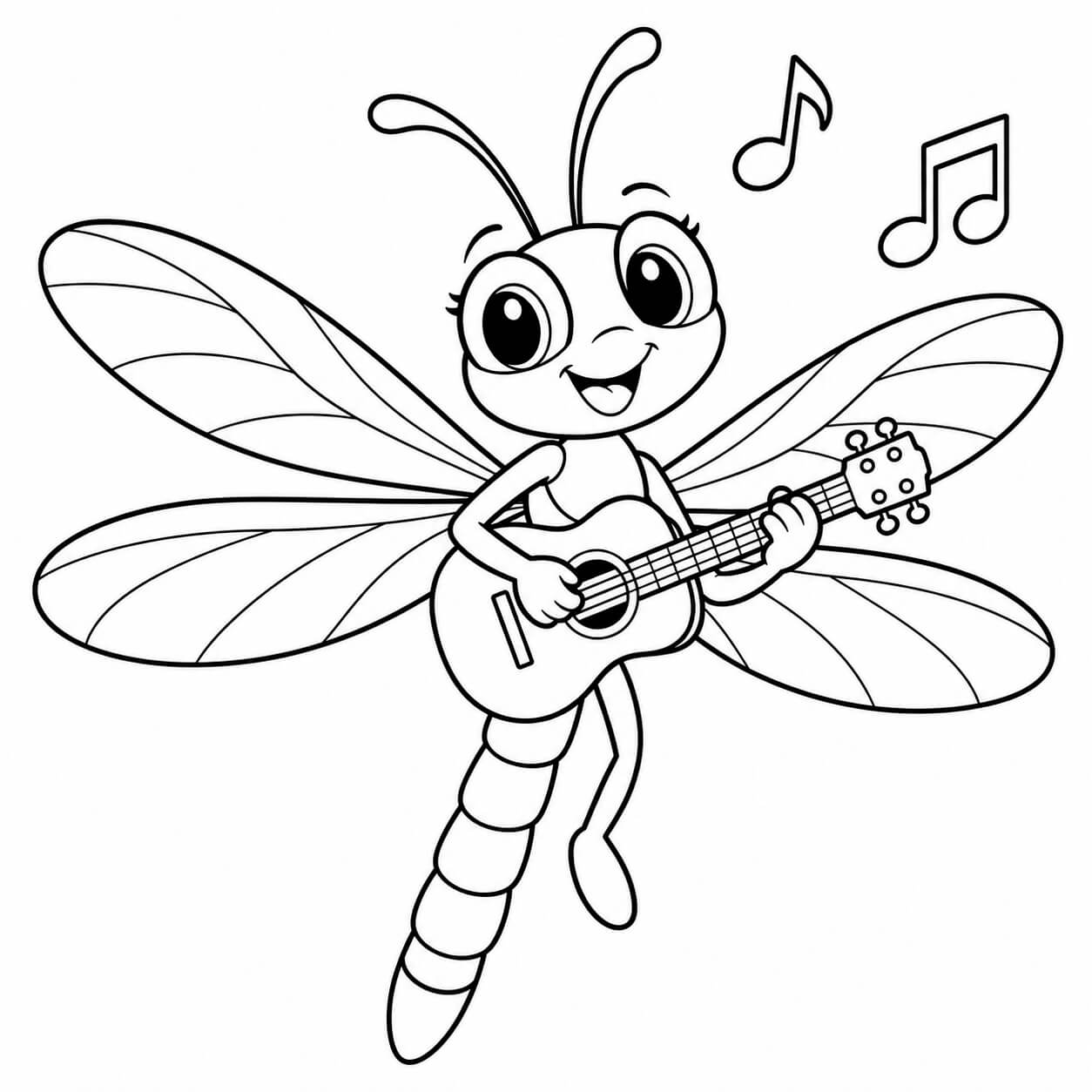 Libelle spielt Gitarre – Ausmalbild in Schwarz-Weiß