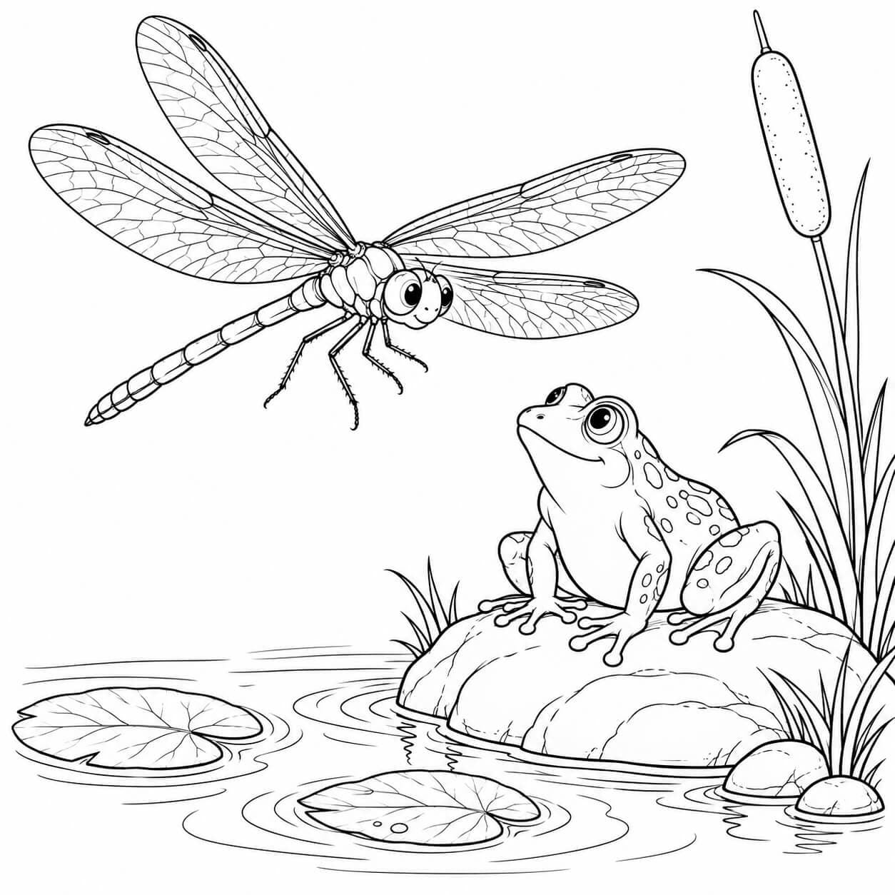Libelle und Frosch am Teich – Ausmalbild in Schwarz-Weiß