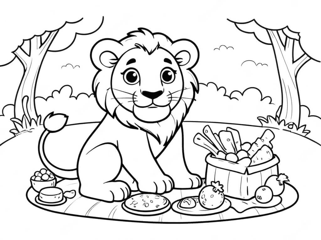 Löwe beim Picknick Ausmalbild