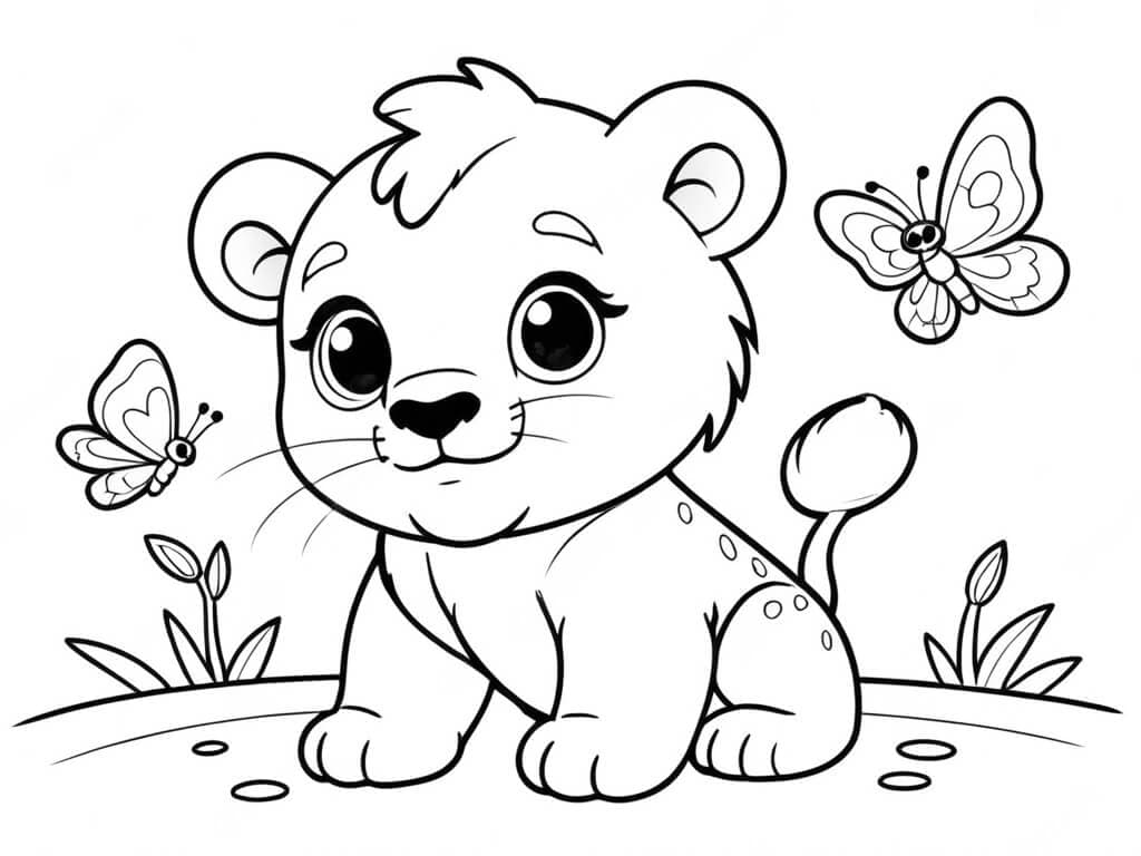 Löwenjunges mit Schmetterlingen Ausmalbild