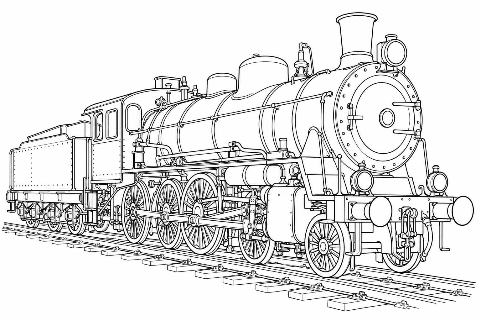 Realistische Dampflokomotive – Ausmalbild in Schwarz-Weiß