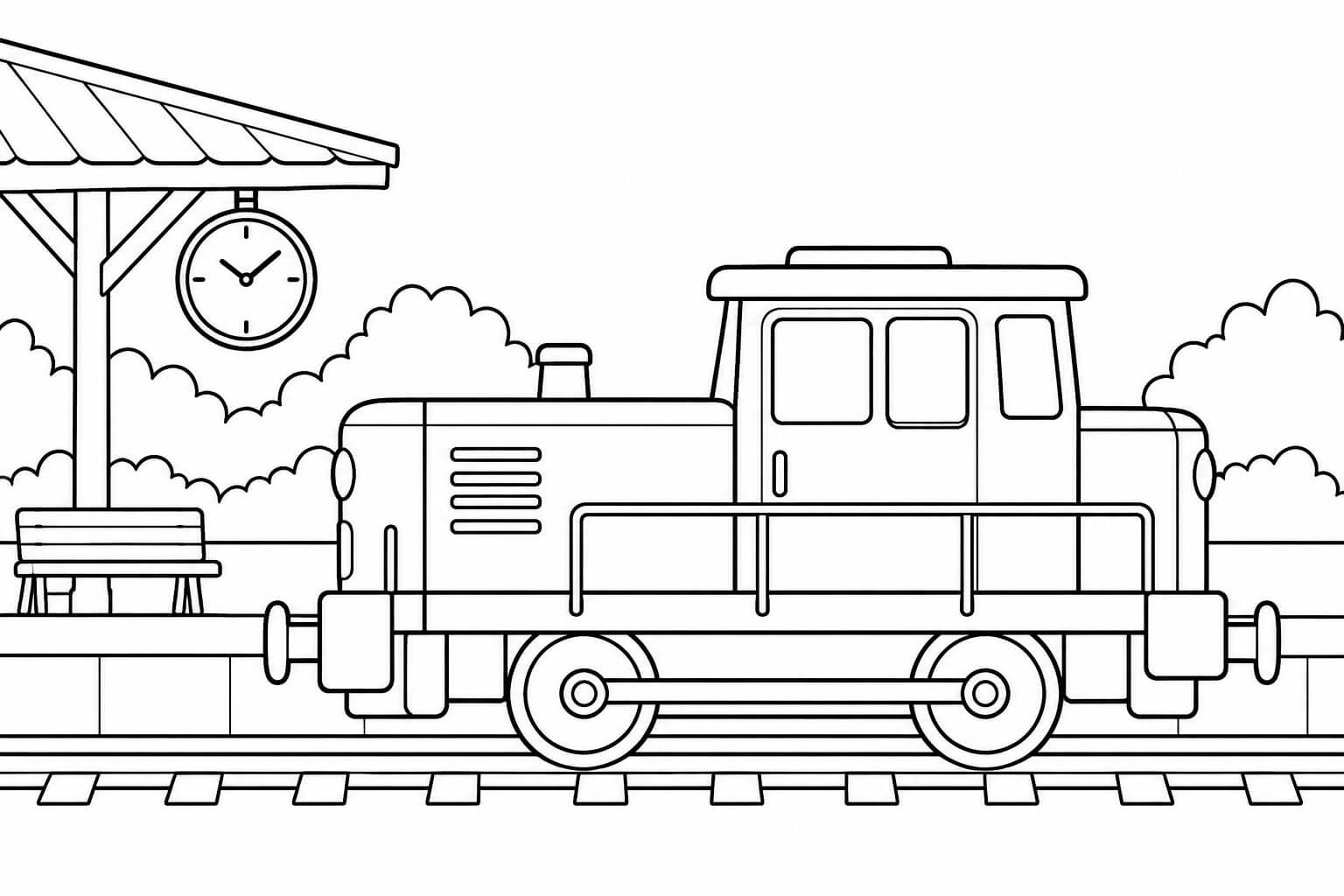 Diesellokomotive am Bahnhof – Ausmalbild in Schwarz-Weiß