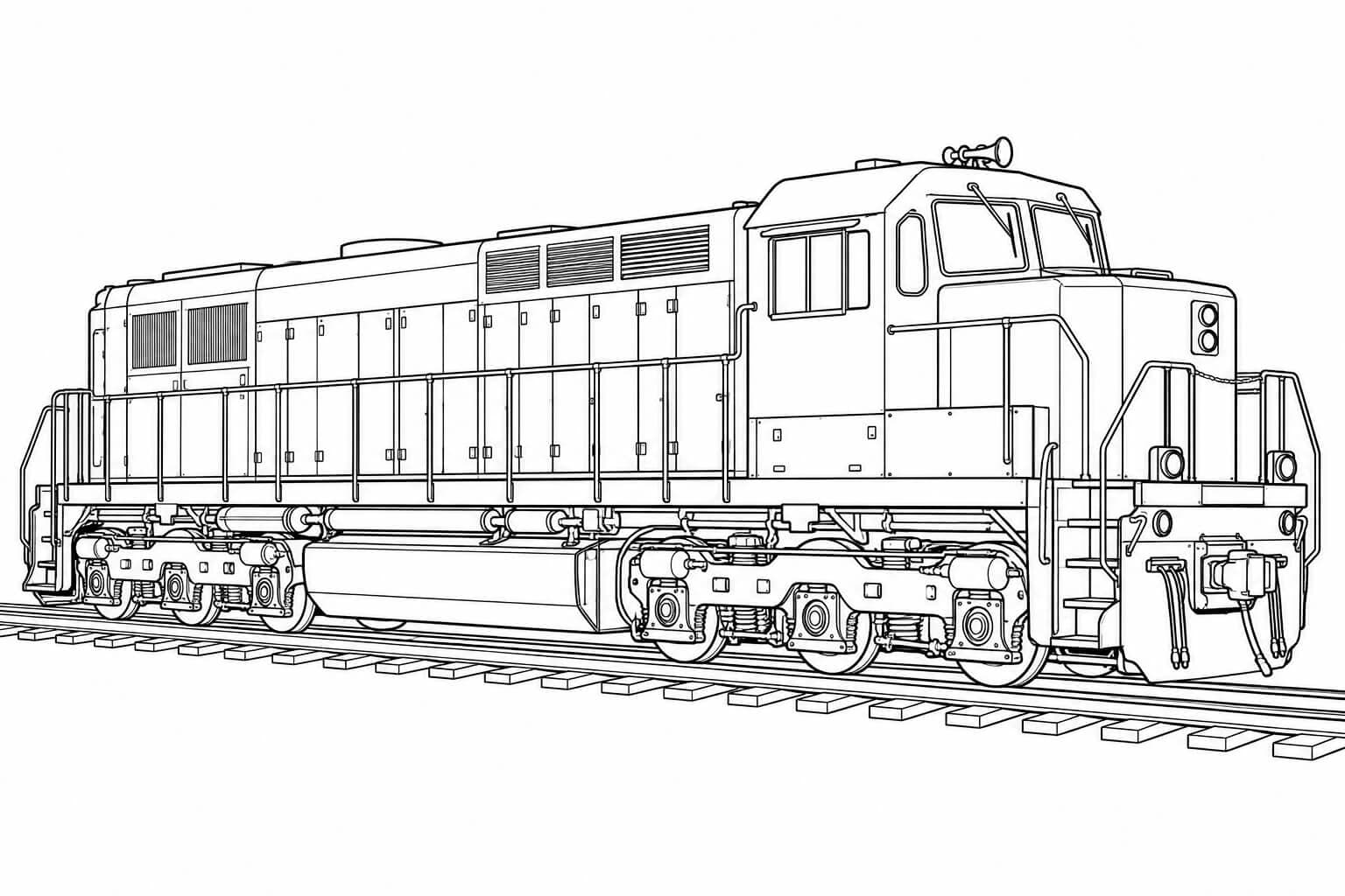 Realistische Diesellokomotive – Ausmalbild in Schwarz-Weiß