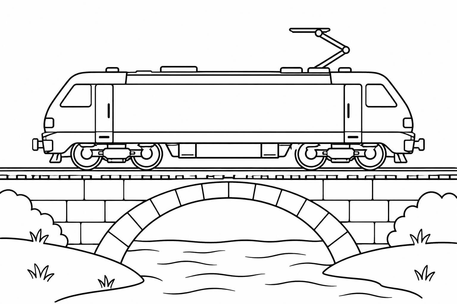 Elektrolokomotive auf der Brücke – Ausmalbild in Schwarz-Weiß