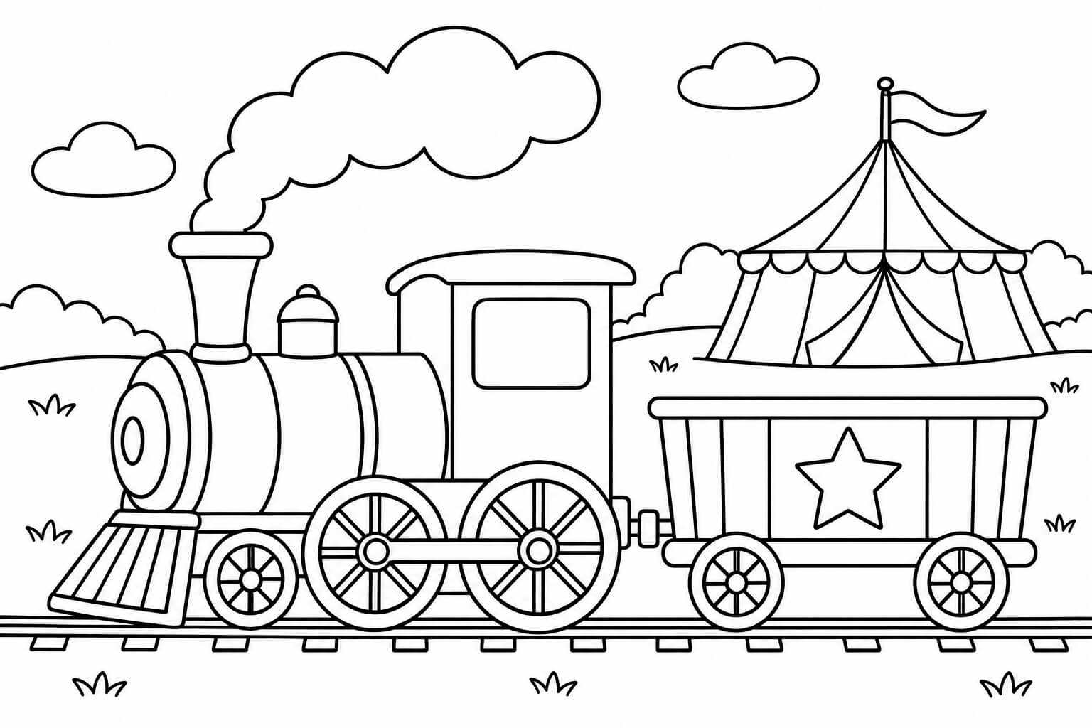 Lokomotive beim Zirkus – Ausmalbild in Schwarz-Weiß