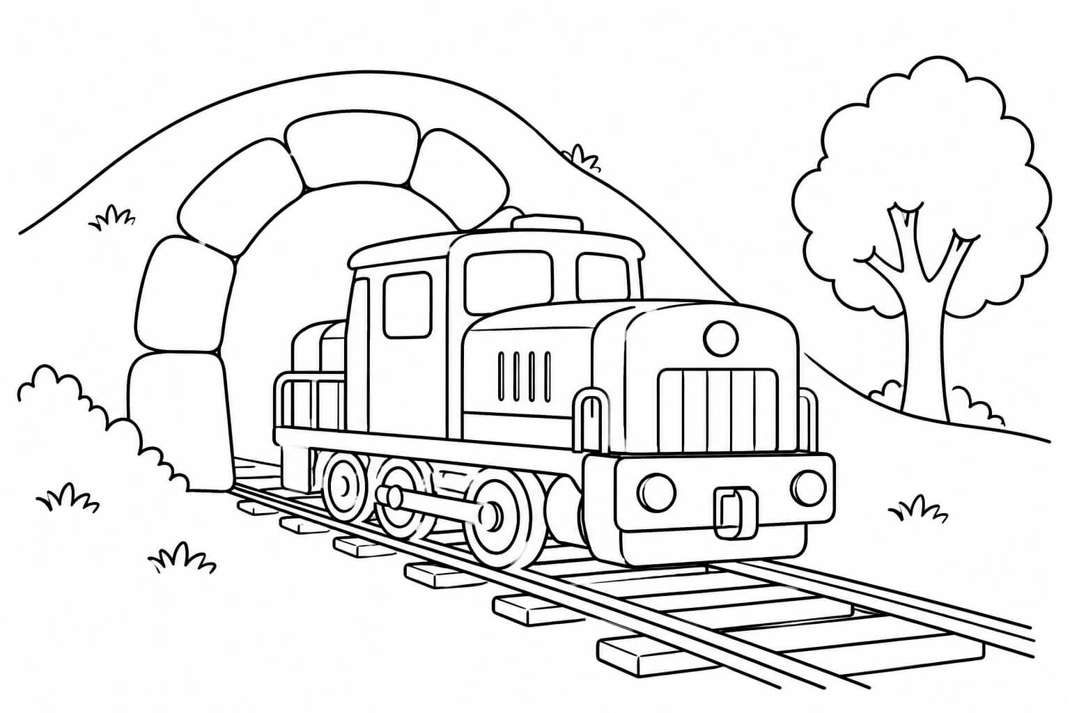 Lokomotive vor dem Tunnel – Ausmalbild in Schwarz-Weiß
