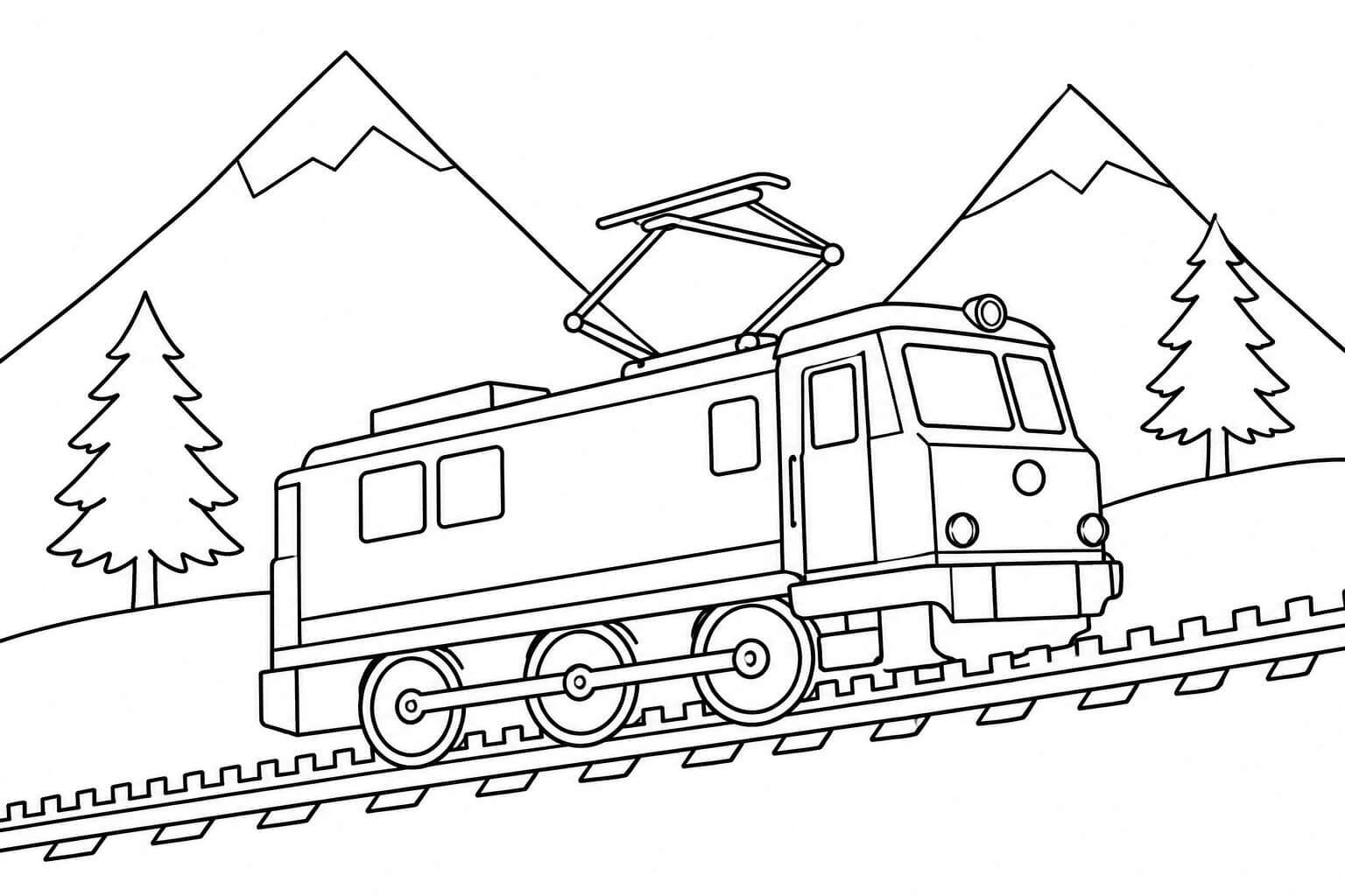 Lokomotive in den Bergen – Ausmalbild in Schwarz-Weiß