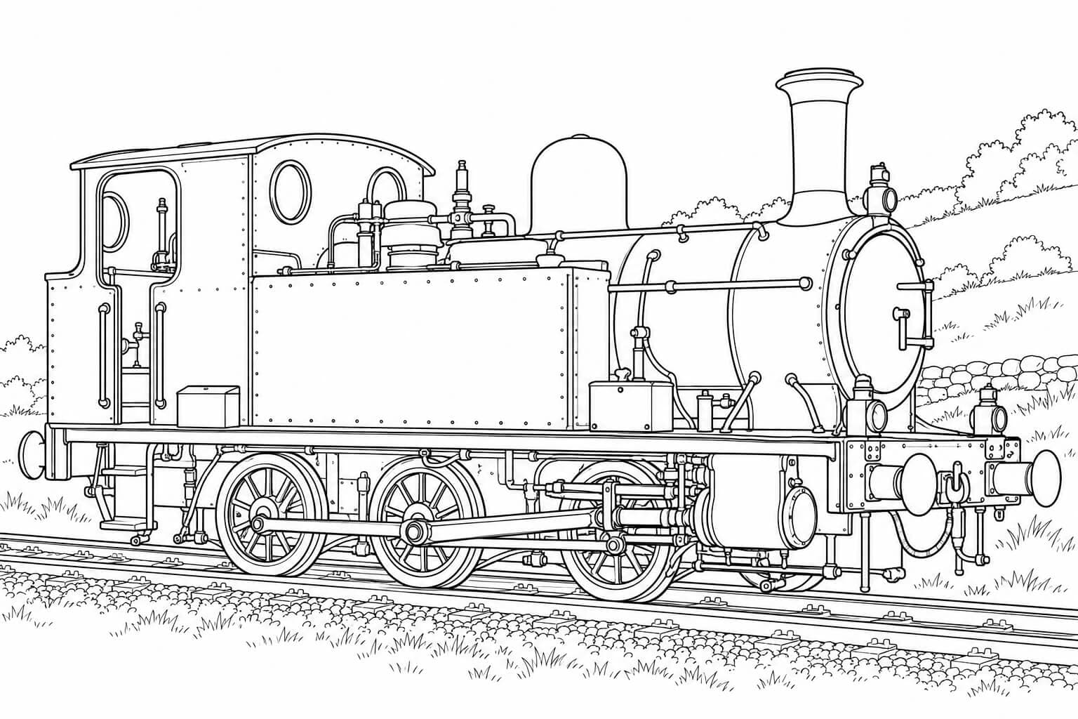 Realistische Schmalspurlokomotive – Ausmalbild in Schwarz-Weiß