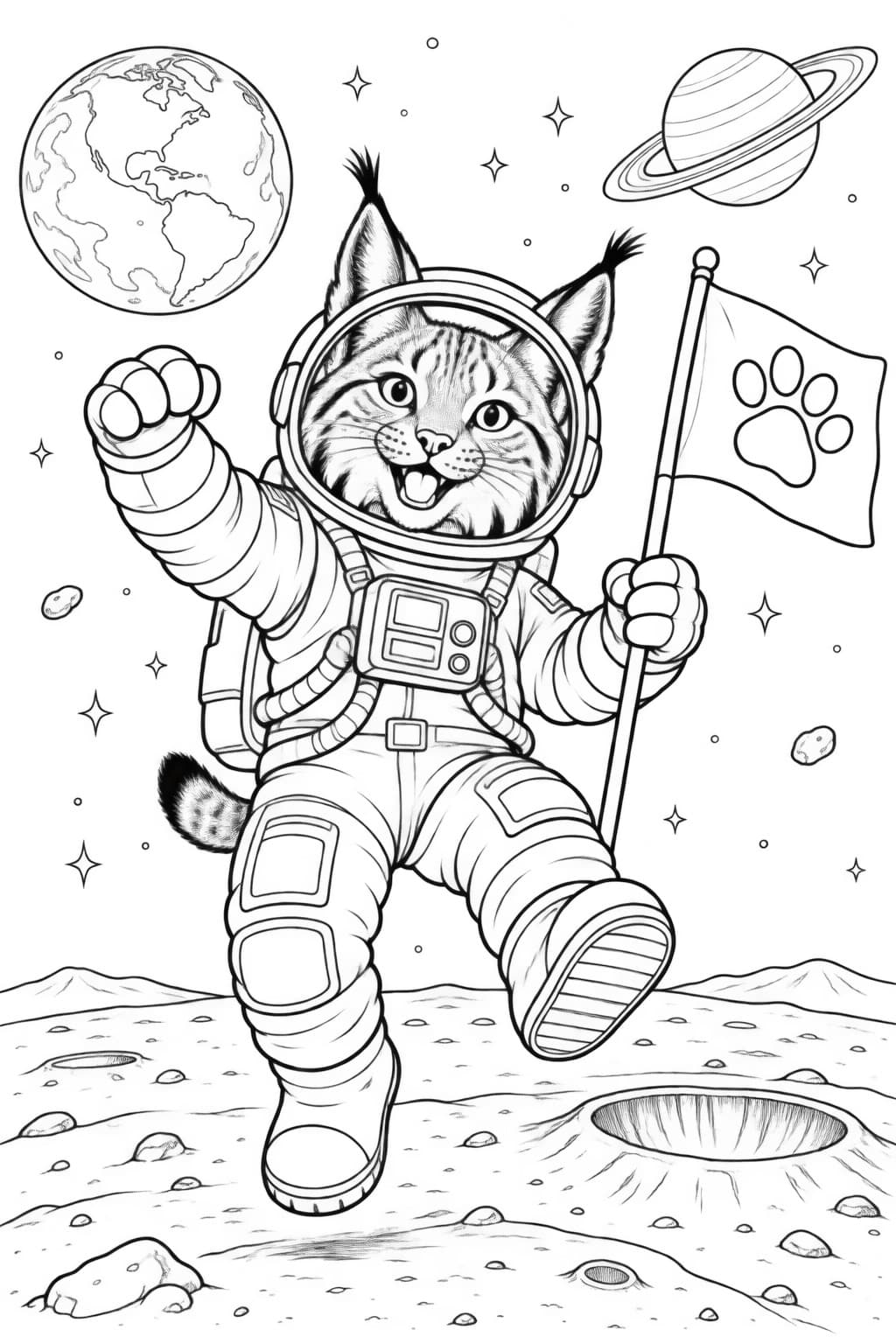 Astronauten Luchs mit Pfotenflagge auf dem Mond Ausmalbild