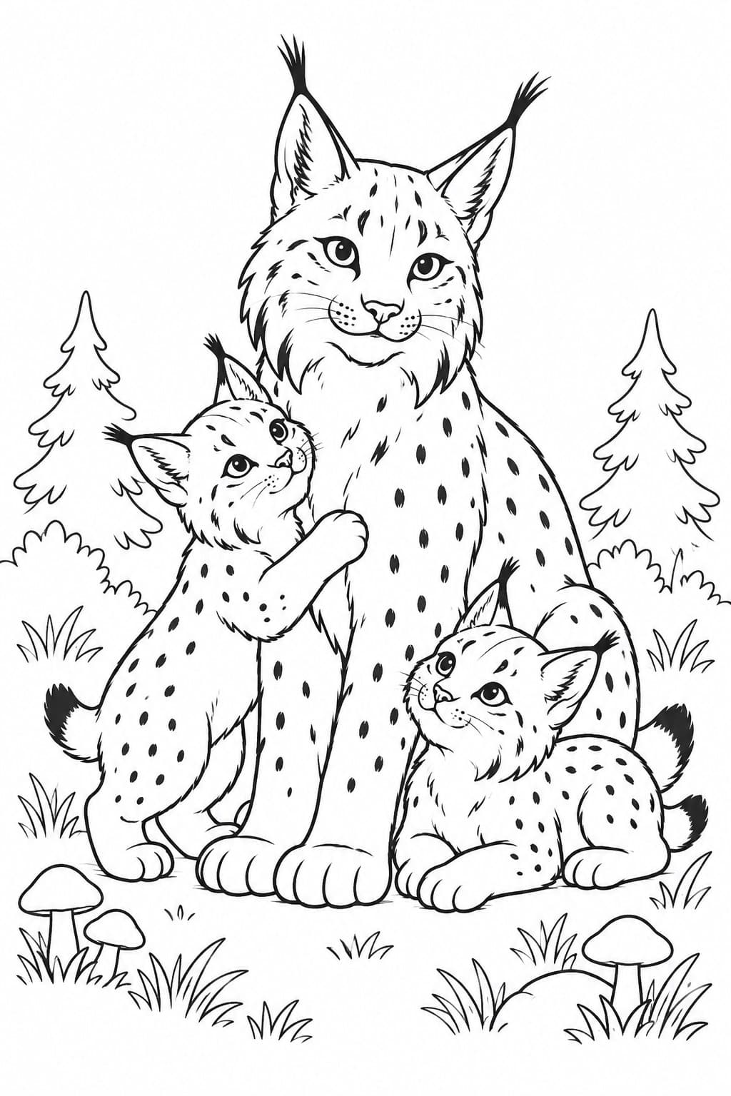 Liebevolle Luchsfamilie im Wald Ausmalbild
