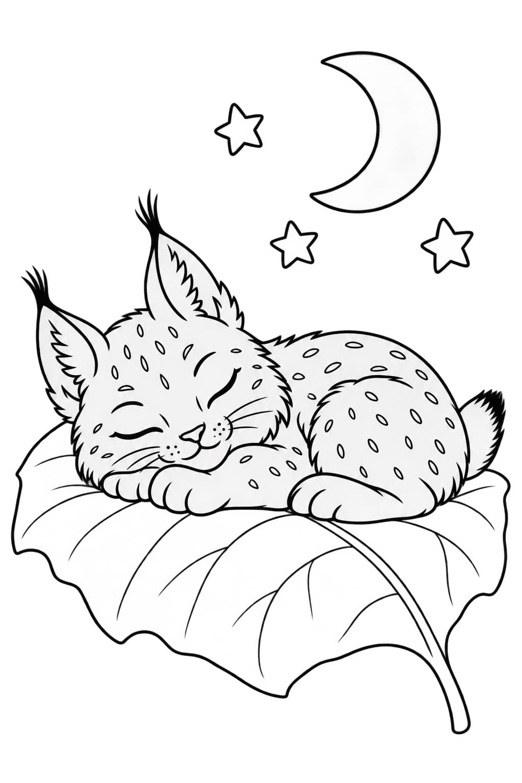 Schlafender Luchs unter Mond und Sternen Ausmalbild