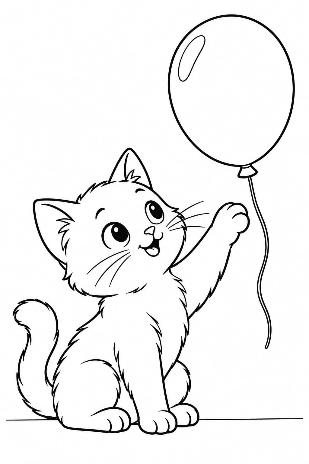Katze spielt mit einem Luftballon – Ausmalbild in Schwarz-Weiß