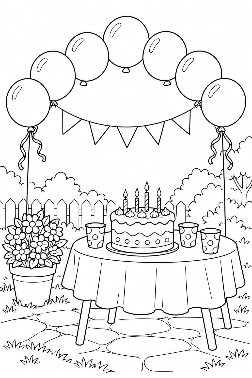 Luftballons beim Gartenfest – Ausmalbild in Schwarz-Weiß