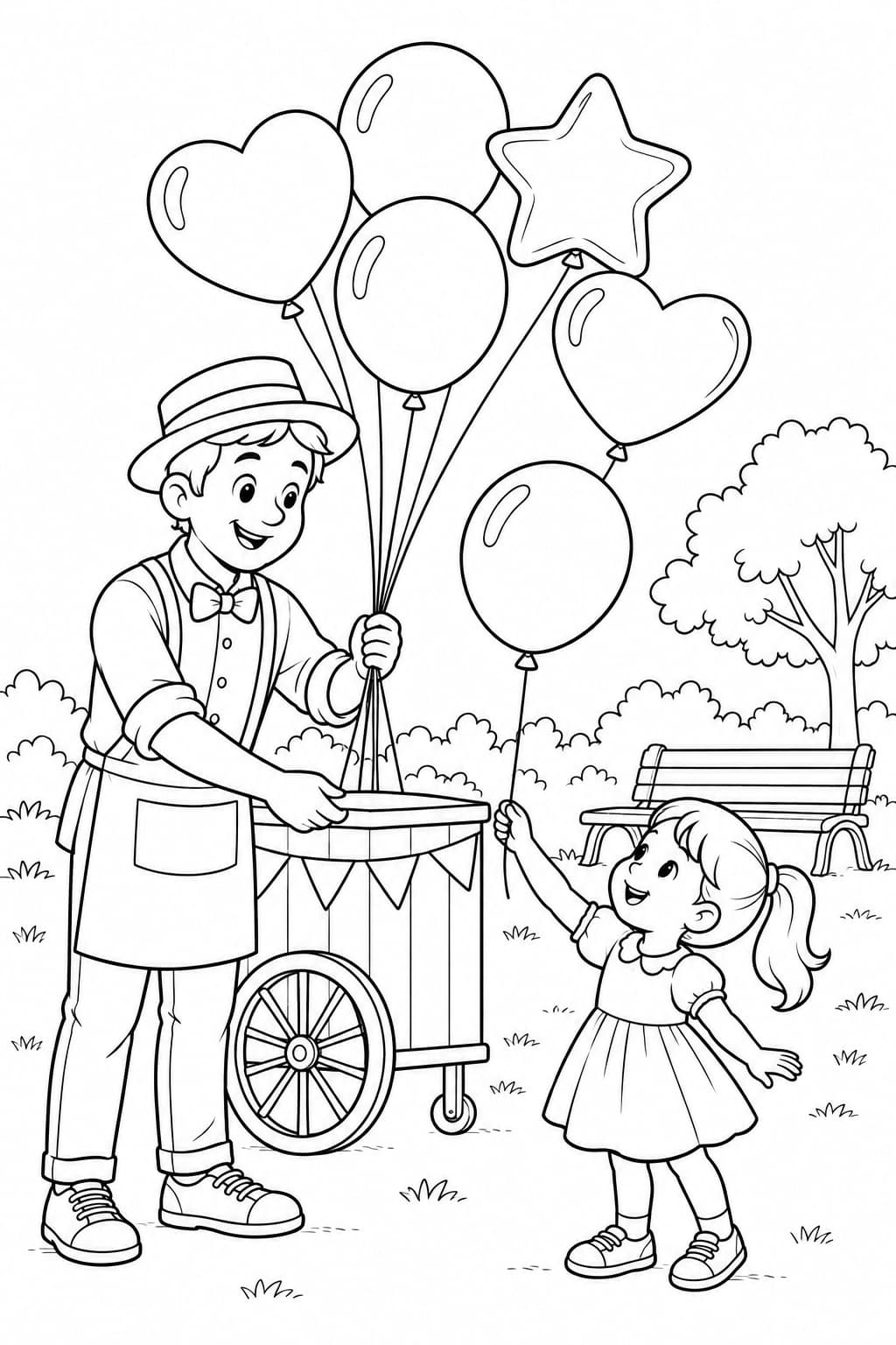 Luftballonverkäufer im Park – Ausmalbild in Schwarz-Weiß