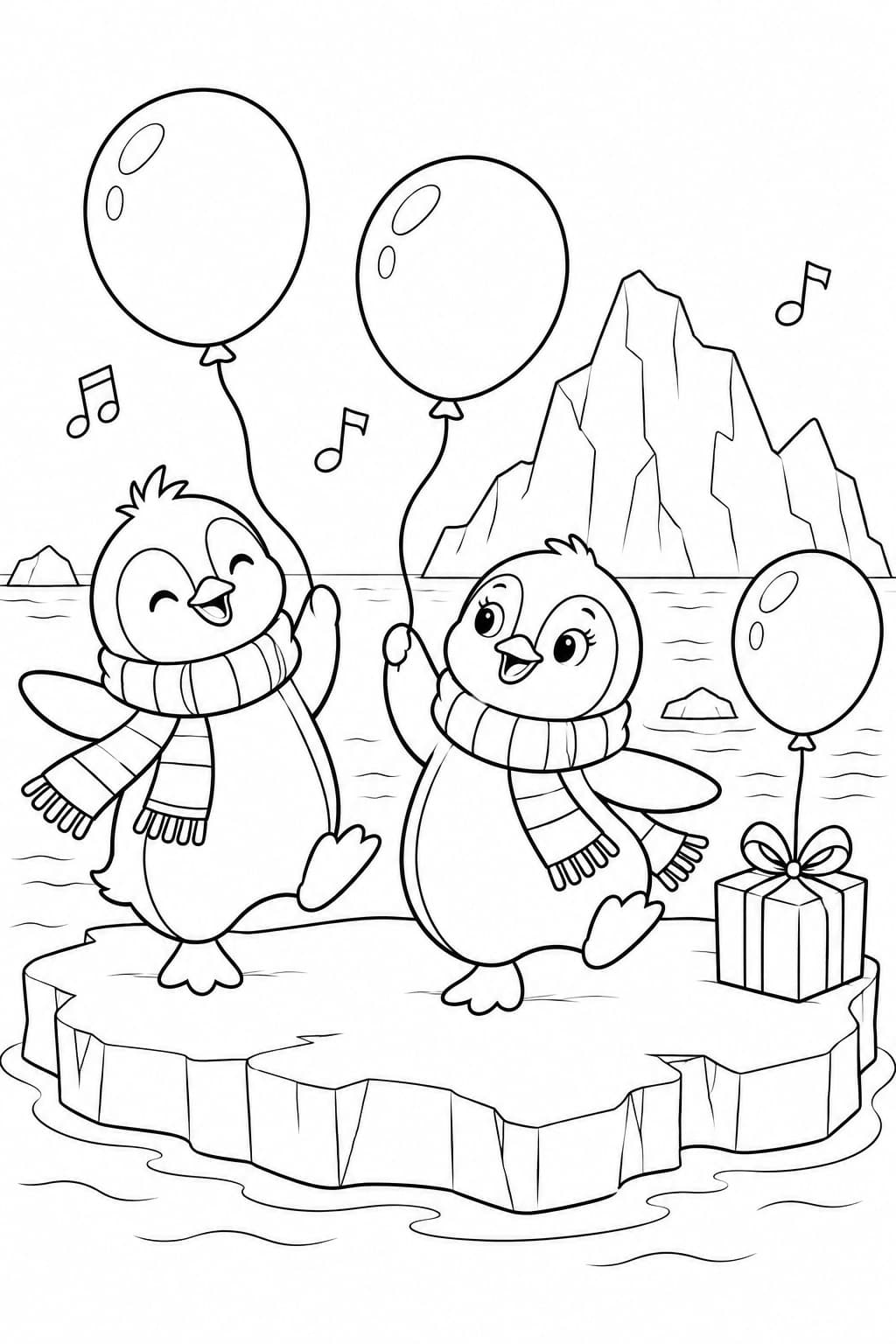 Pinguine beim Luftballontanz – Ausmalbild in Schwarz-Weiß