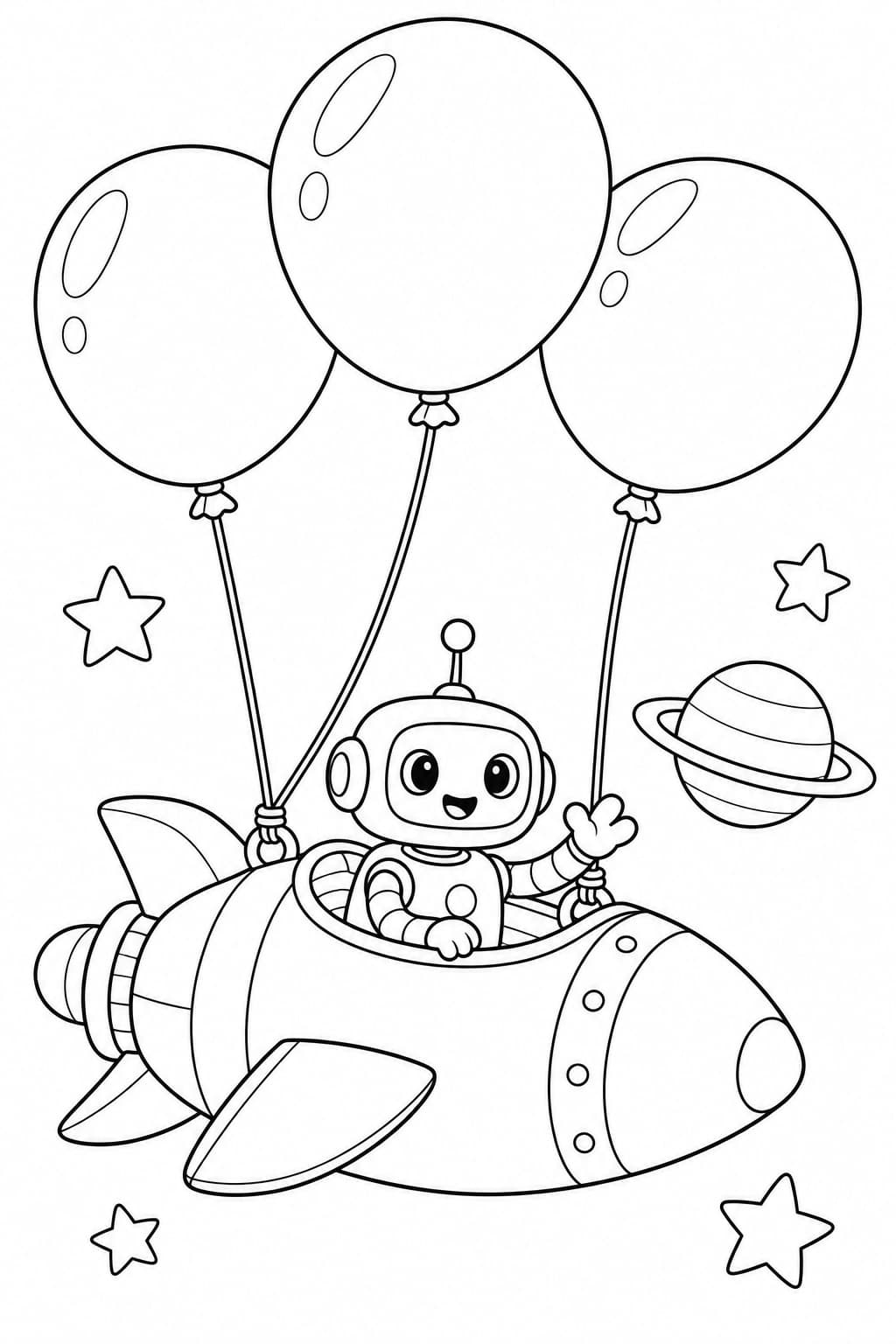 Roboter mit Luftballonrakete – Ausmalbild in Schwarz-Weiß