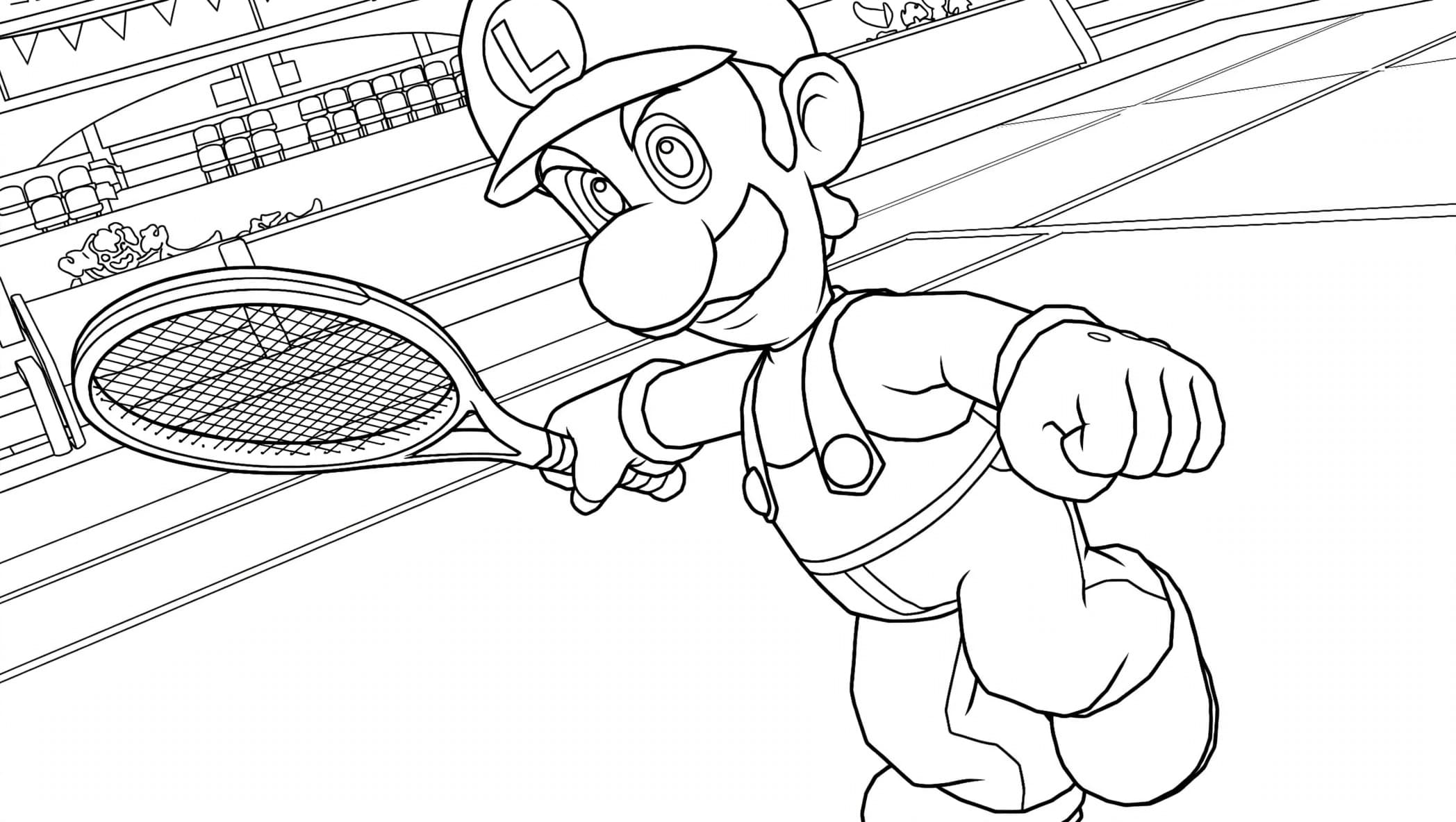 Luigi auf dem Tennisplatz – kostenlose Luigi Malvorlage zum Ausdrucken