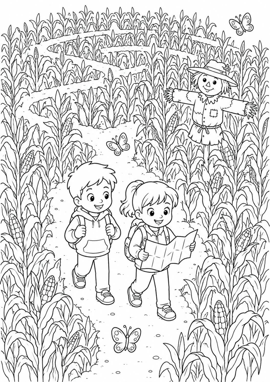 Kinder im Maislabyrinth Ausmalbild