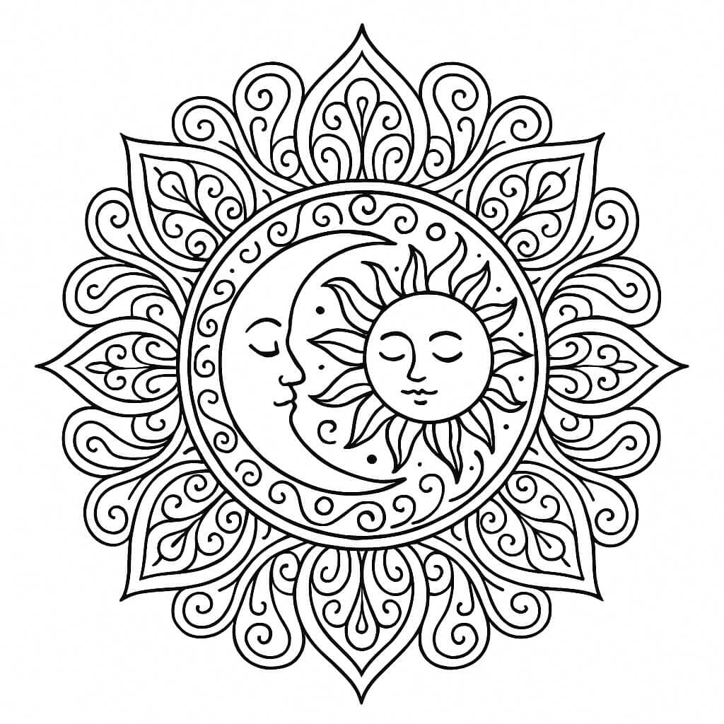 Sonne und Mond Mandala Ausmalbild