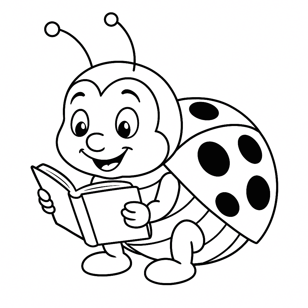 Marienkäfer liest Buch Ausmalbild