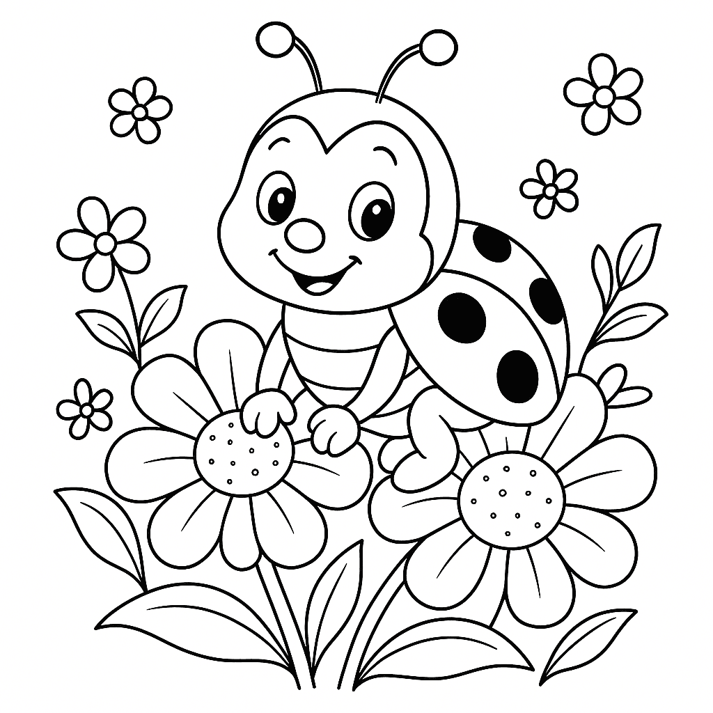 Marienkäfer mit Blumen Ausmalbild