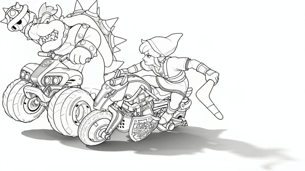Bowser und Link im Rennen – kostenlose Mario Kart Malvorlage zum Ausdrucken