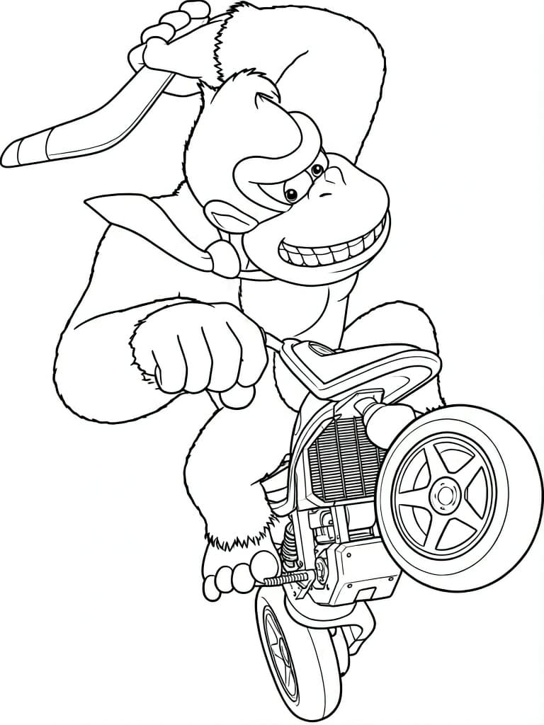 Donkey Kong auf dem Motorrad – kostenlose Mario Kart Malvorlage zum Ausdrucken