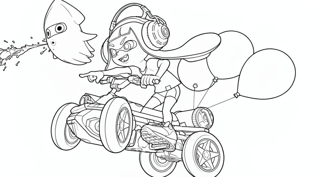 Inkling-Girl im Rennen – kostenlose Mario Kart Malvorlage zum Ausdrucken