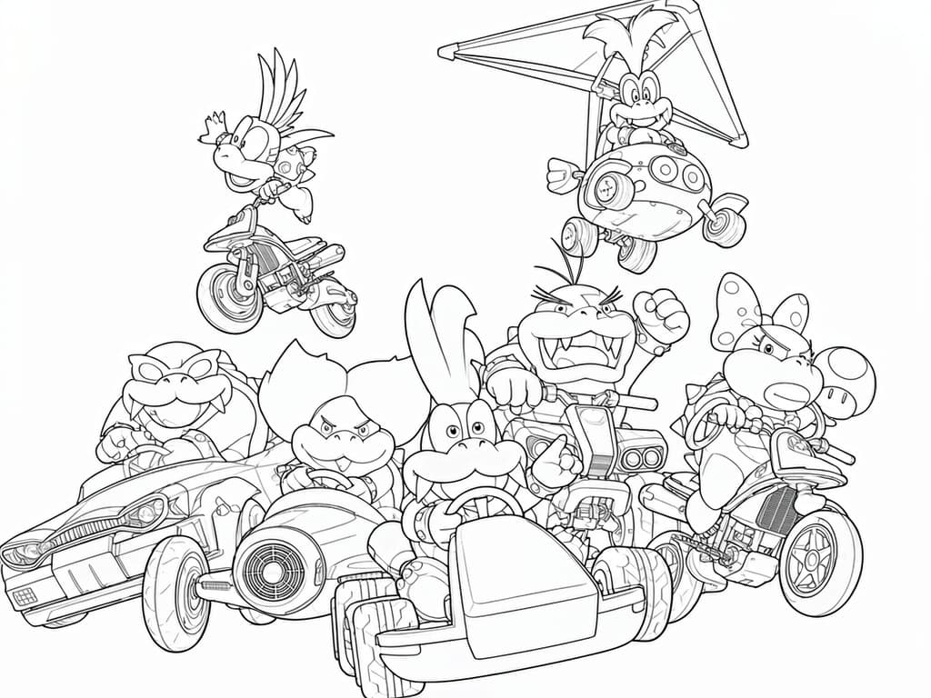 Koopalinge in Rennfahrzeugen – kostenlose Mario Kart Malvorlage zum Ausdrucken